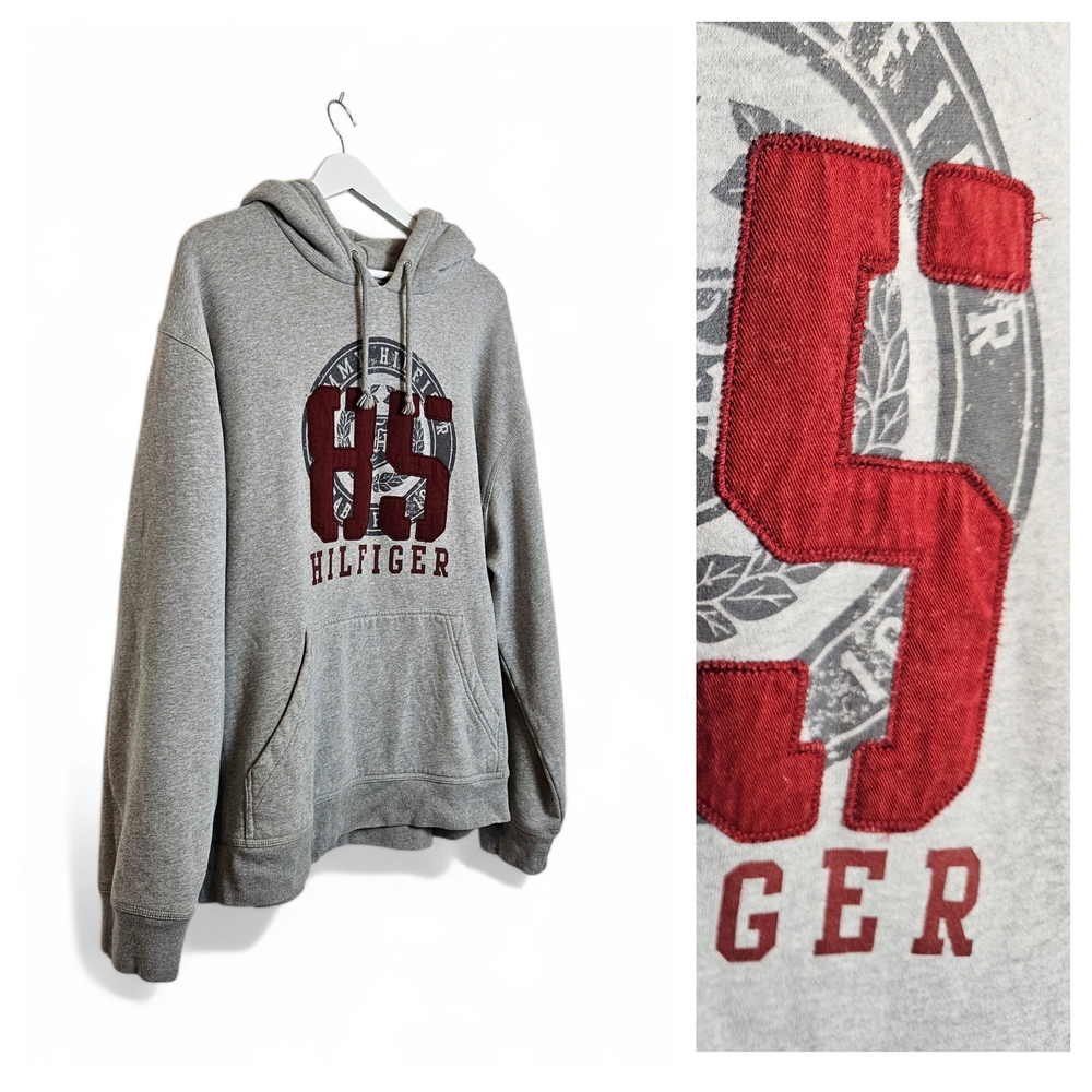 Tommy Hilfiger Hoodie Mens L Vintage '08 85 Varsity Pullover Sweatshirt Gray Y2K